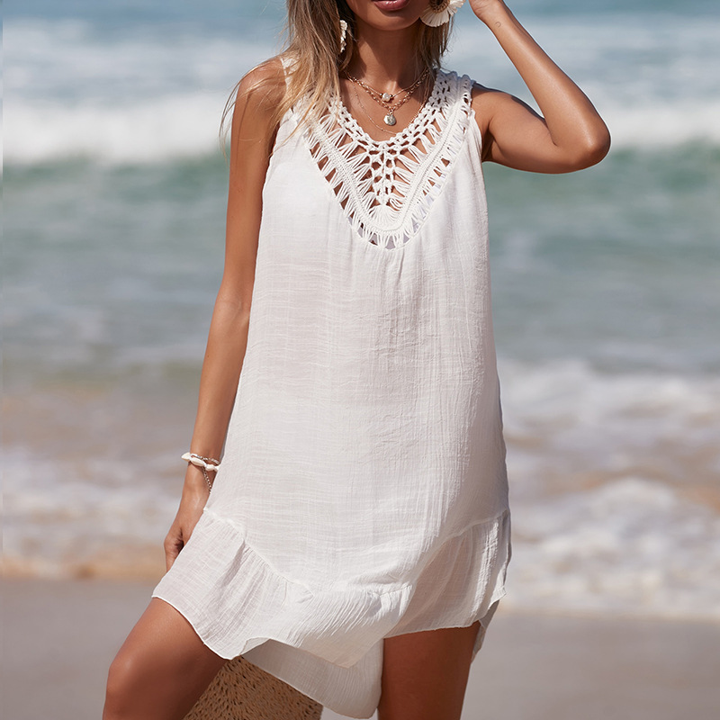 Womens Boho Beach Cover-Up Dress - Crochet V-Neck Sleeveless Mini Dress